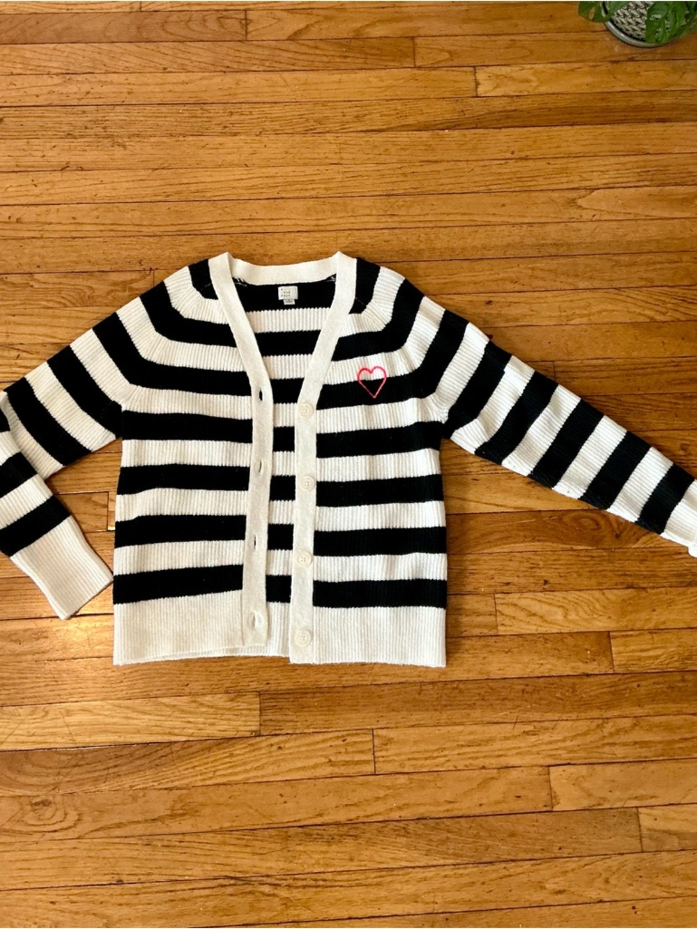 A New Day - Striped Black and White V-Neck Cardigan Sweater with Heart Accent